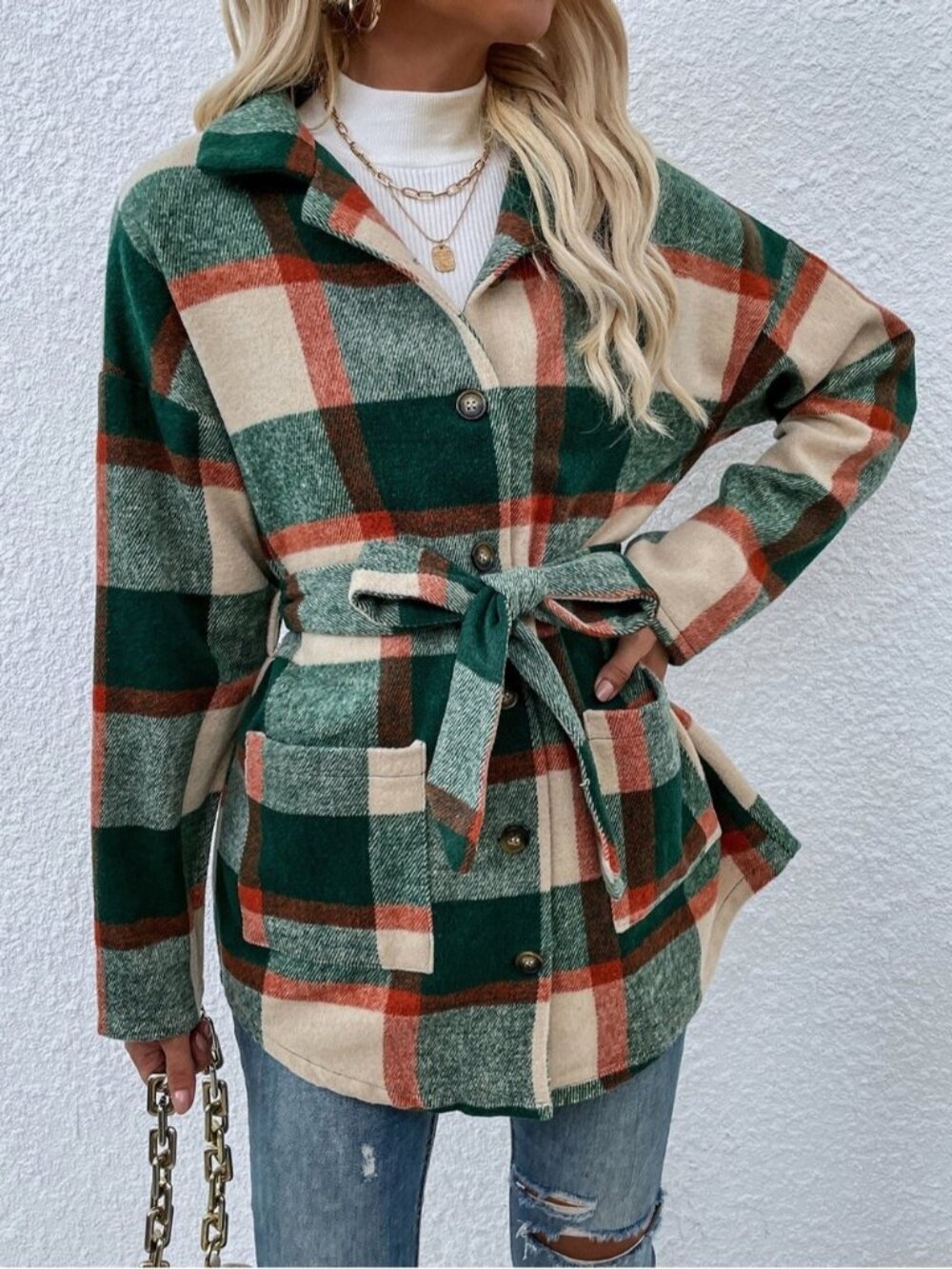 Papillon Green Plaid Flannel Fall Jacket Coat Shacket Belt Pockets size Small